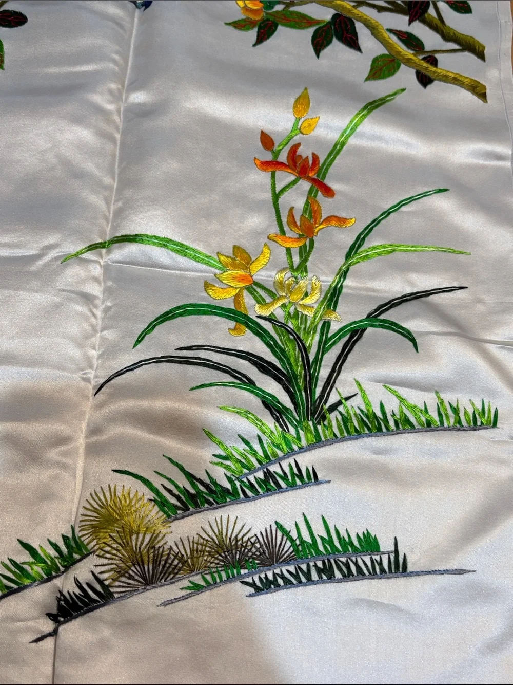 Vintage Chinese Silk Embroidered Bird & Blossom Wall Panel in White